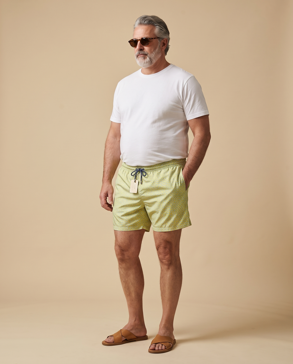 Yellow-green geometric print swim shorts — EXTRA LARGE