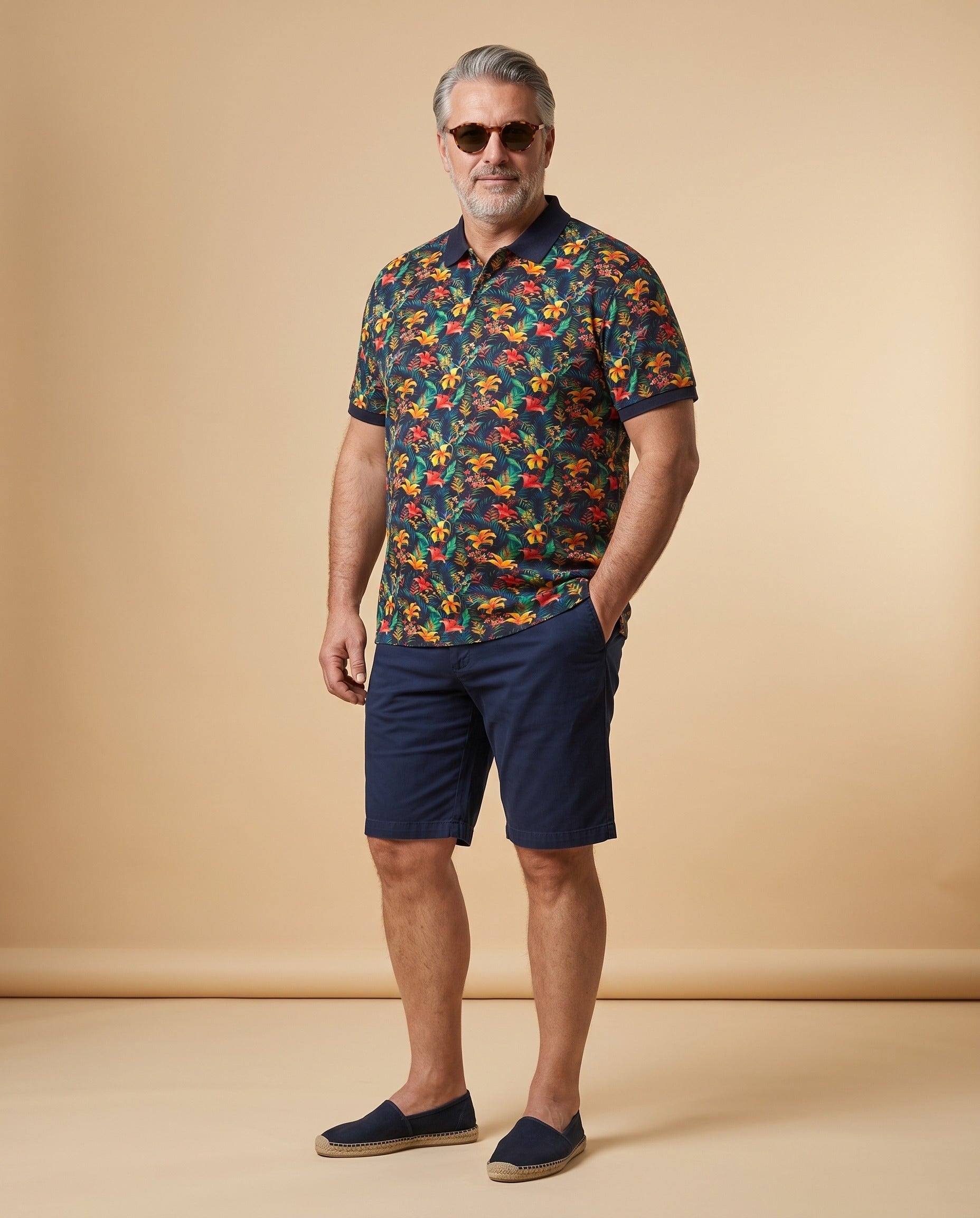 Polo blu navy con stampa floreale multicolor — EXTRA LARGE