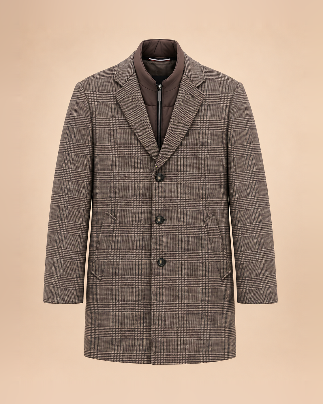 Taupe check coat with zip-up inner bib – front