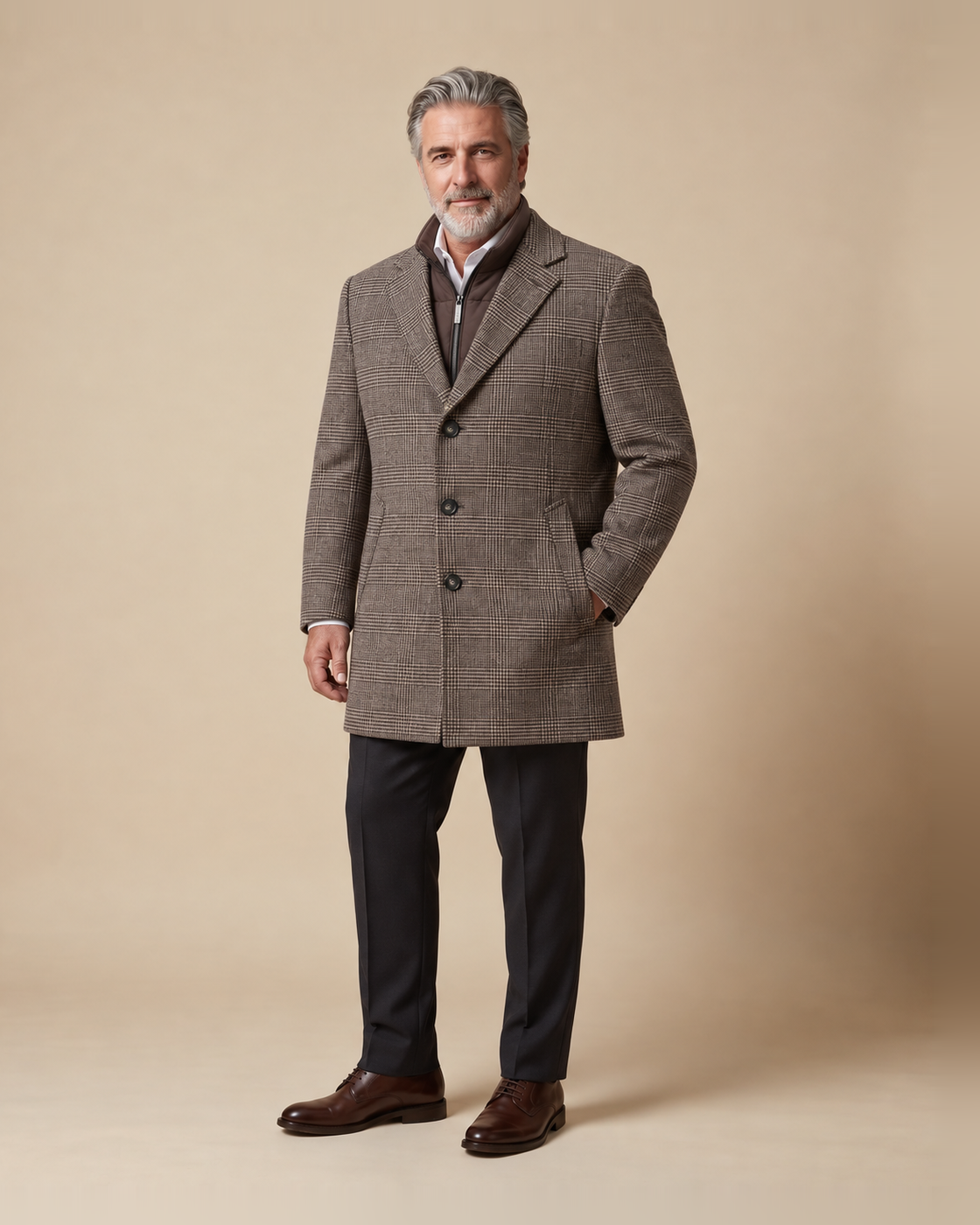 Taupe check coat with zip-up inner bib — EXTRA LARGE