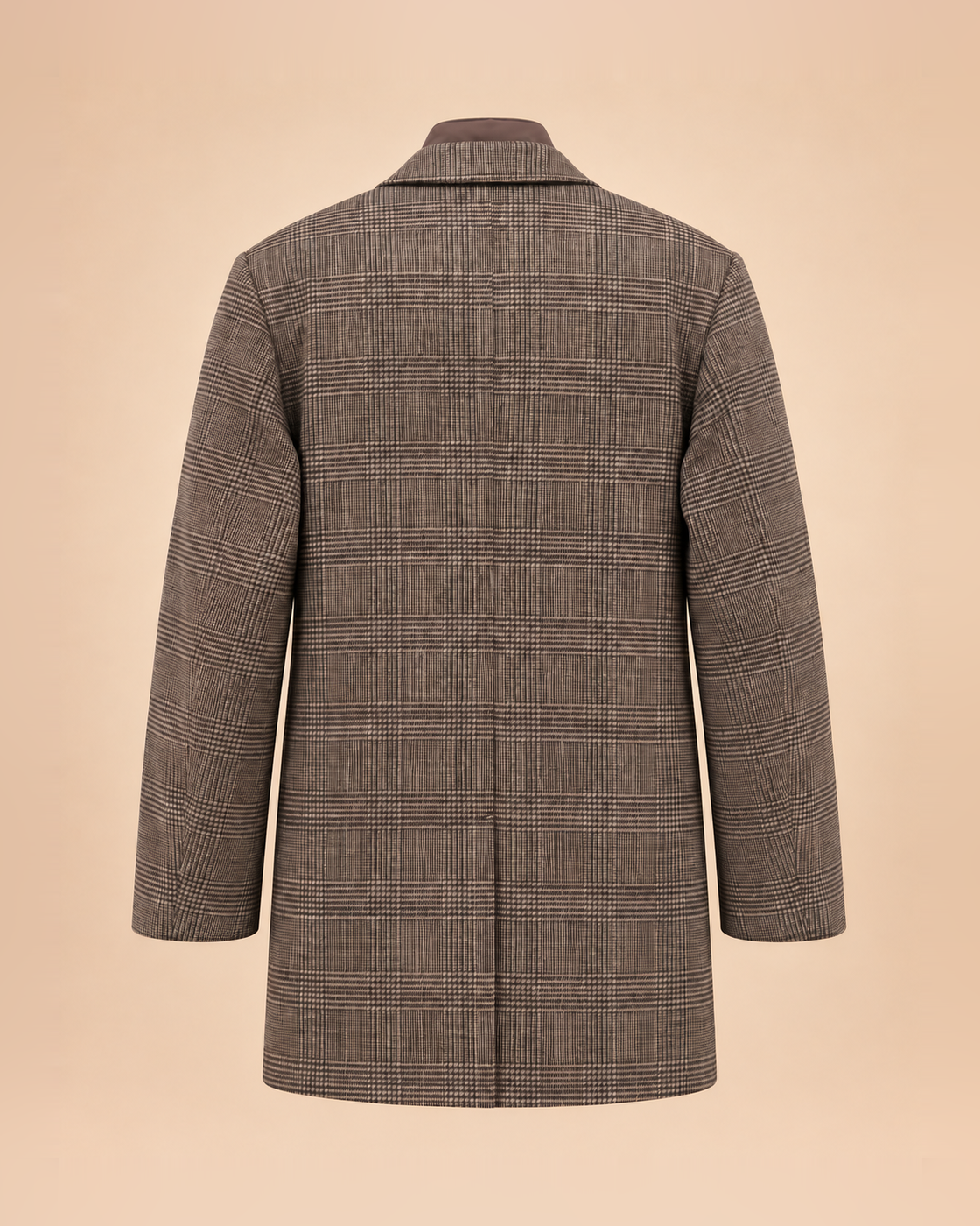 Taupe check coat with zip-up inner bib – back