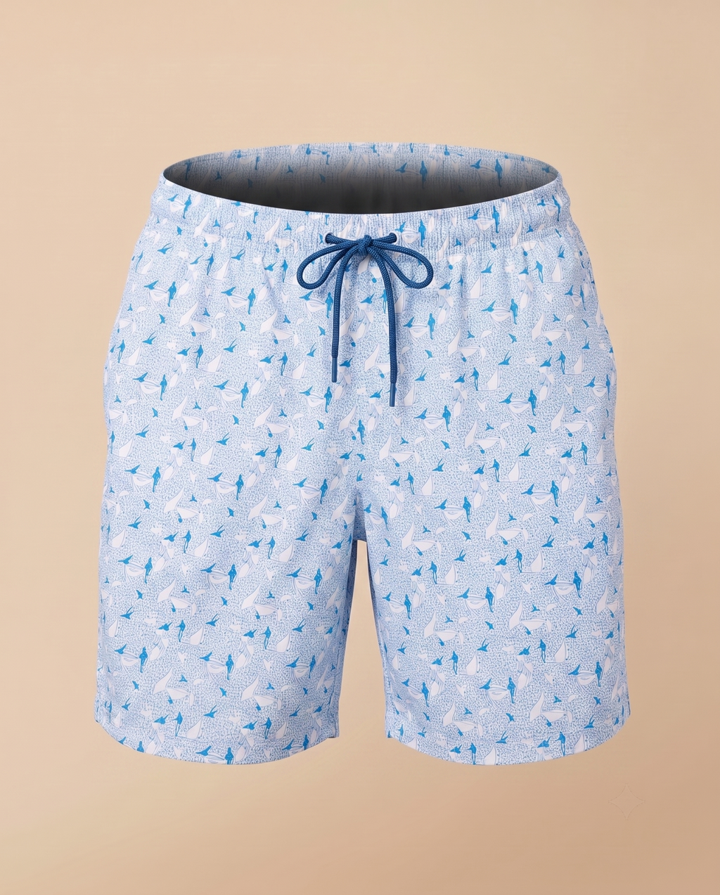 Costume da bagno azzurro con stampa velieri e pesci – fronte