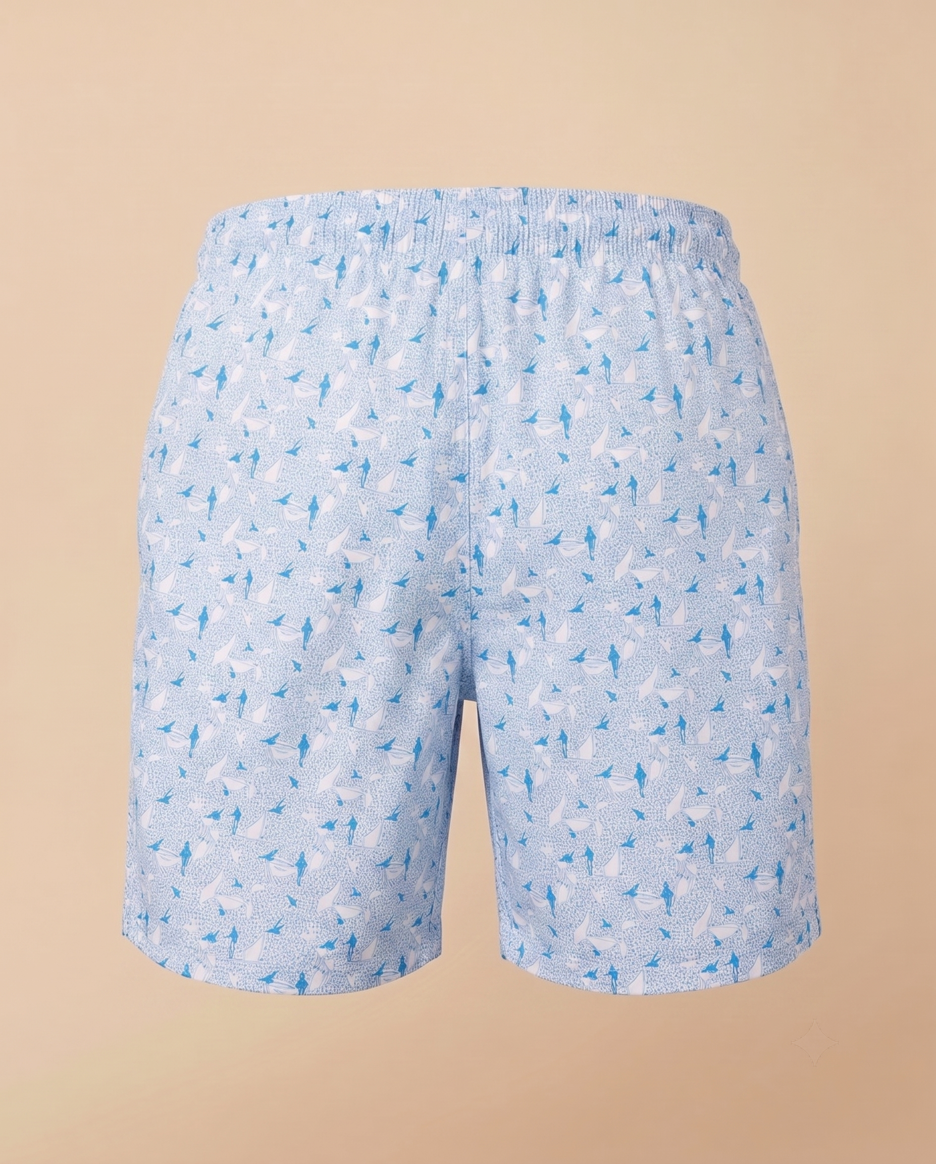 Bañador celeste con estampado de veleros y peces – trasero