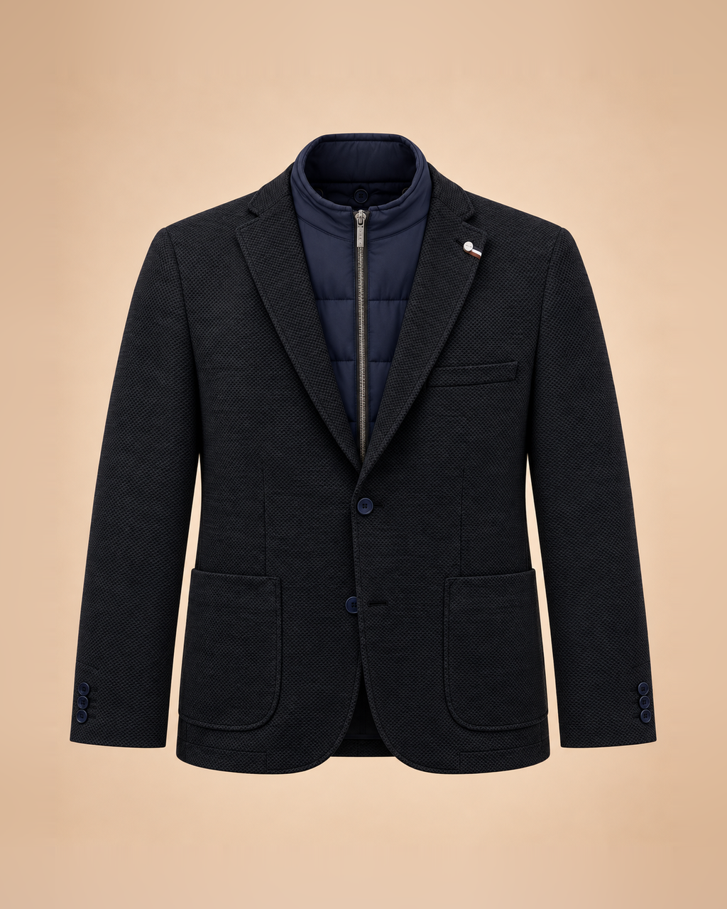 Navy textured blazer with zip-up bib – front
