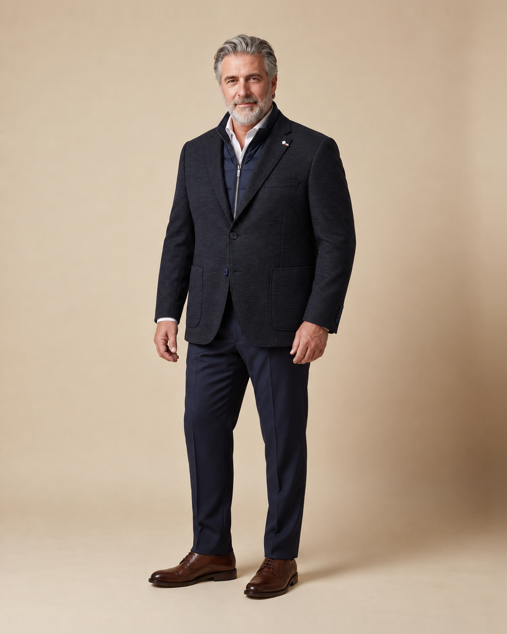 Navy textured blazer with zip-up bib — EXTRA LARGE