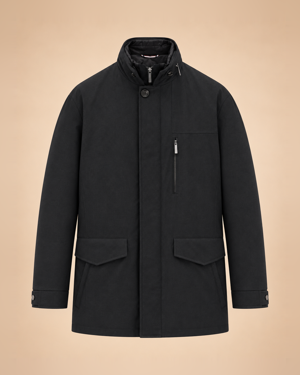 Chaquetón azul noche con capucha escondida – delantero
