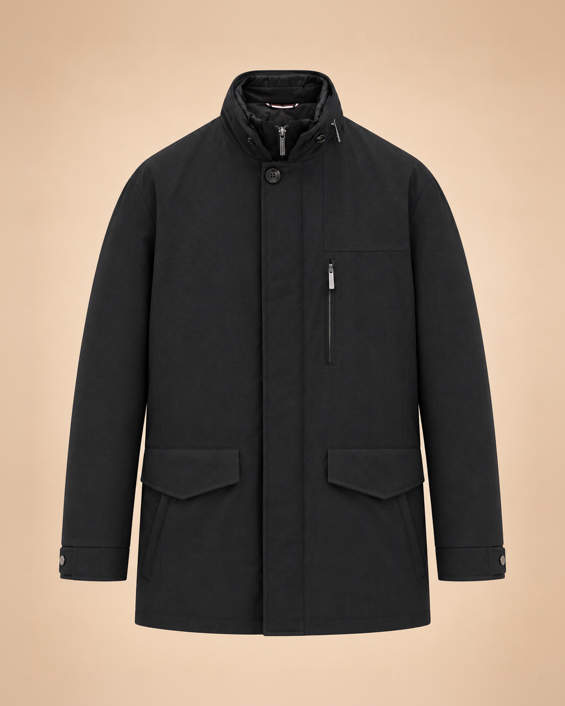 Midnight blue field jacket with stowaway hood – front