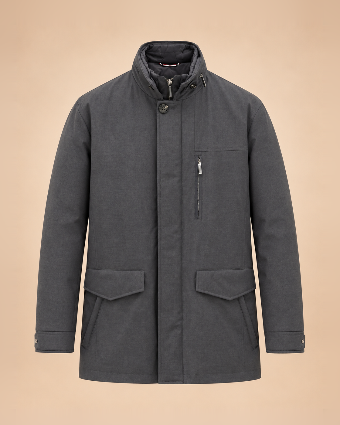 Grey field jacket with stowaway hood – front