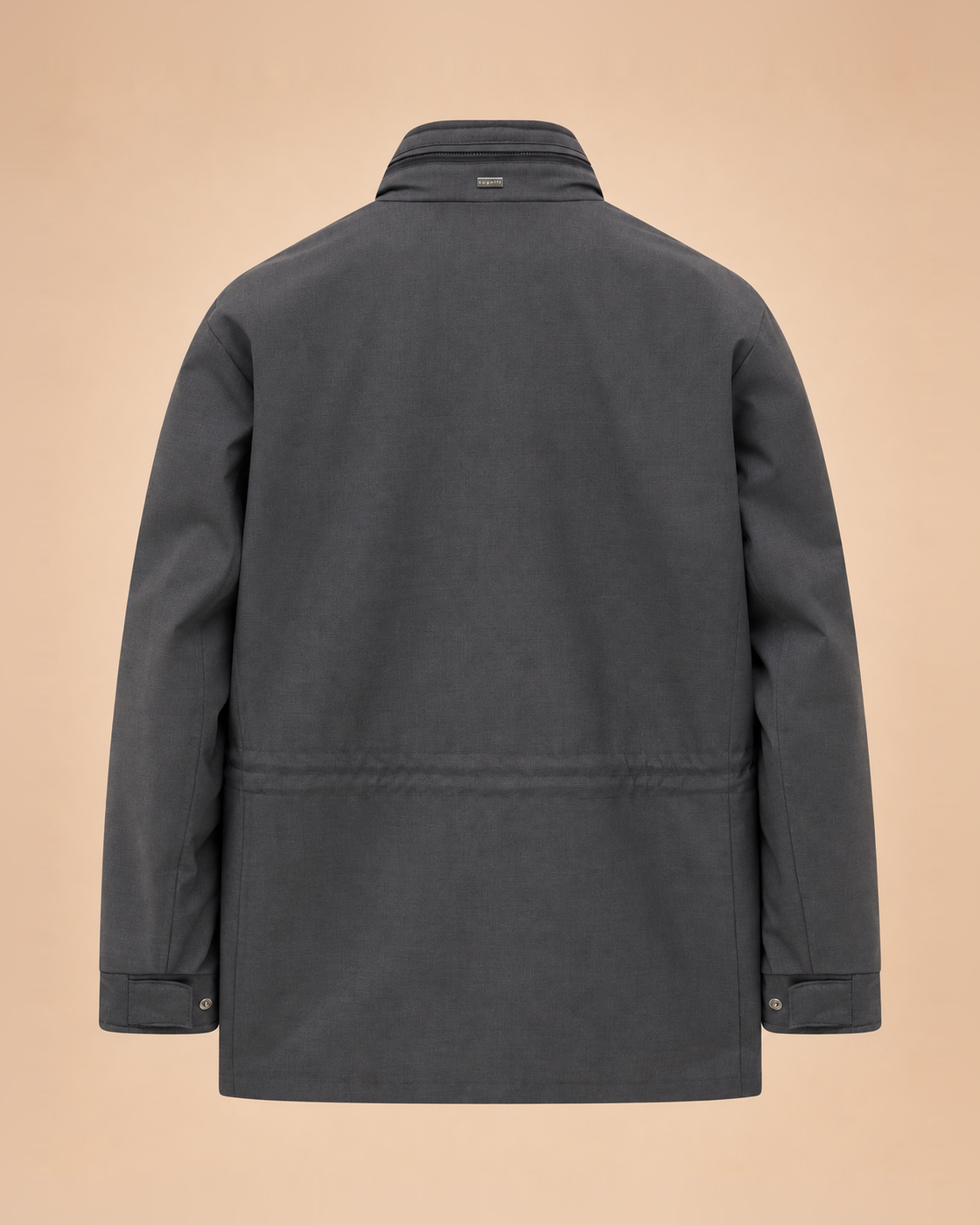Grey field jacket with stowaway hood – back
