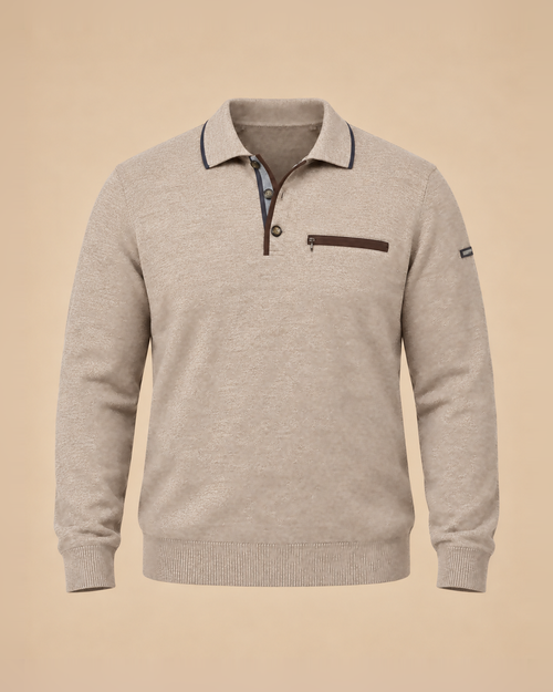 Beige melange polo-collar sweater with zip pocket – front