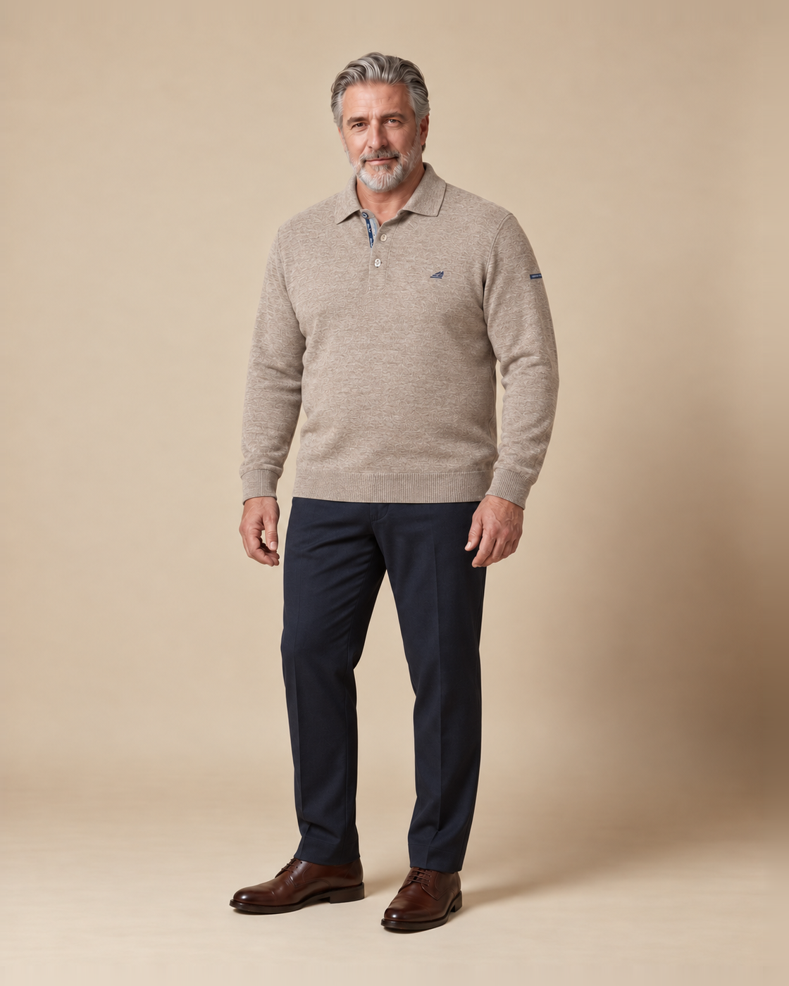 Beige melange polo-collar sweater — EXTRA LARGE