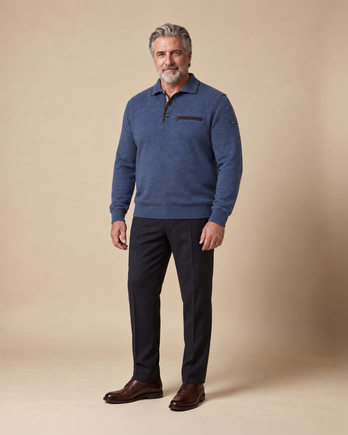 Blue melange polo-collar sweater with zip pocket — EXTRA LARGE