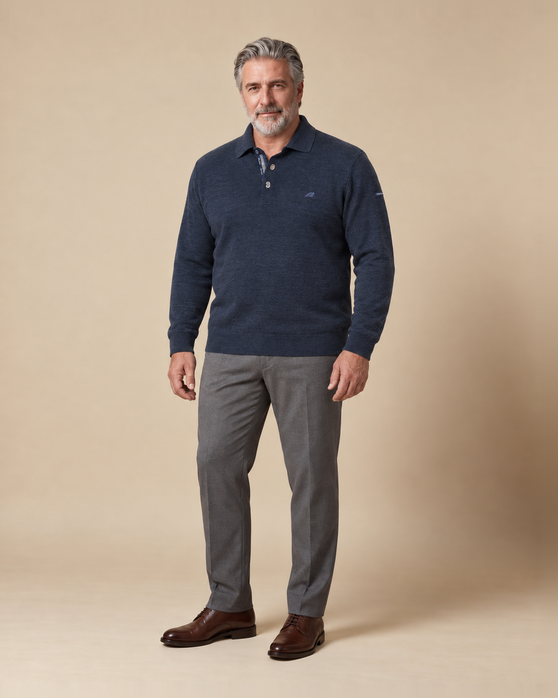 Navy melange polo-collar sweater — EXTRA LARGE