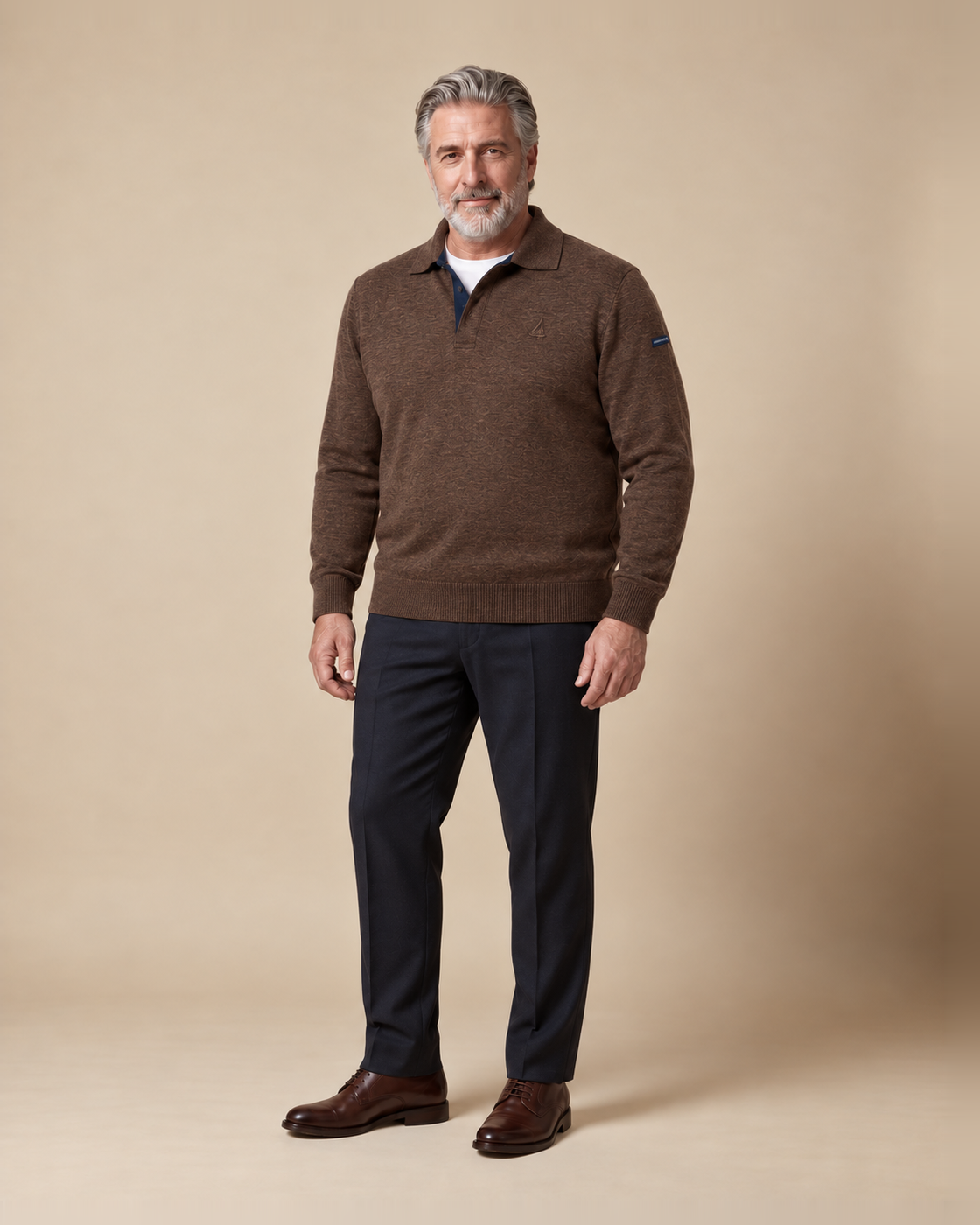Brown melange polo-collar sweater — EXTRA LARGE