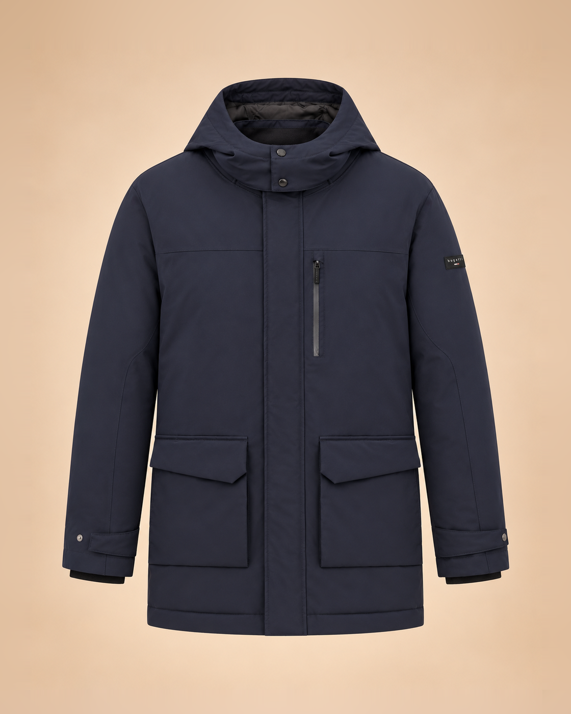 Navy hooded parka with flap pockets – front