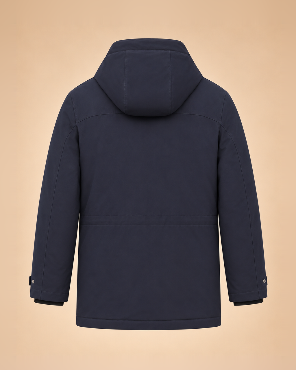 Parka blu navy con cappuccio e tasche a pattina – retro