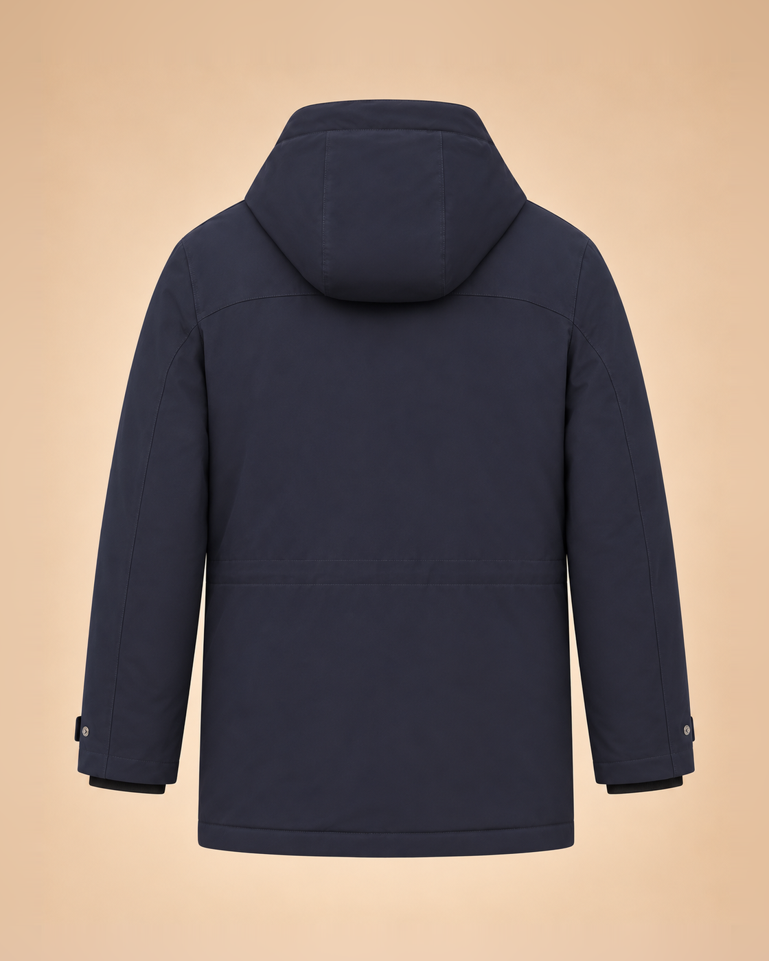 Navy hooded parka with flap pockets – back