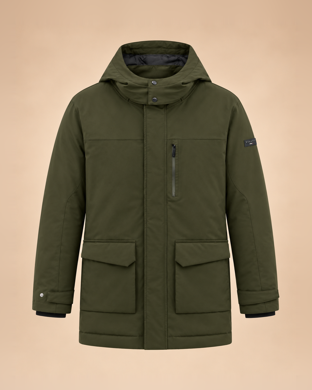 Parka verde oliva con cappuccio e tasche a pattina – fronte