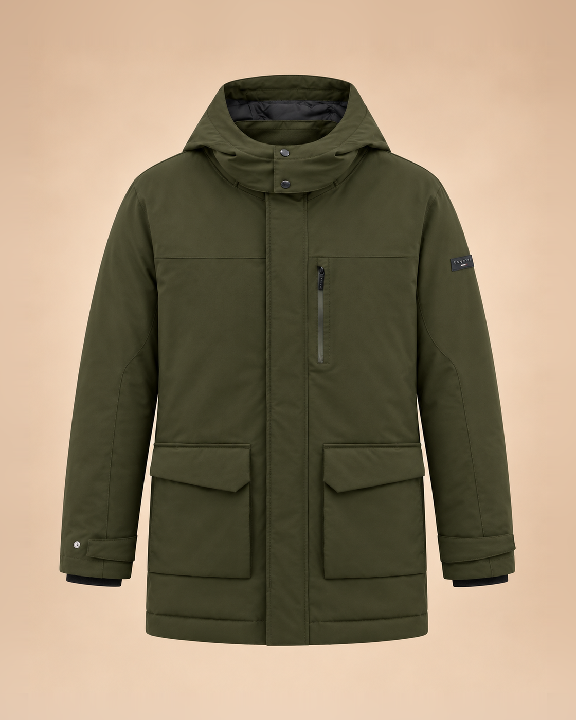 Olive green hooded parka with flap pockets – front