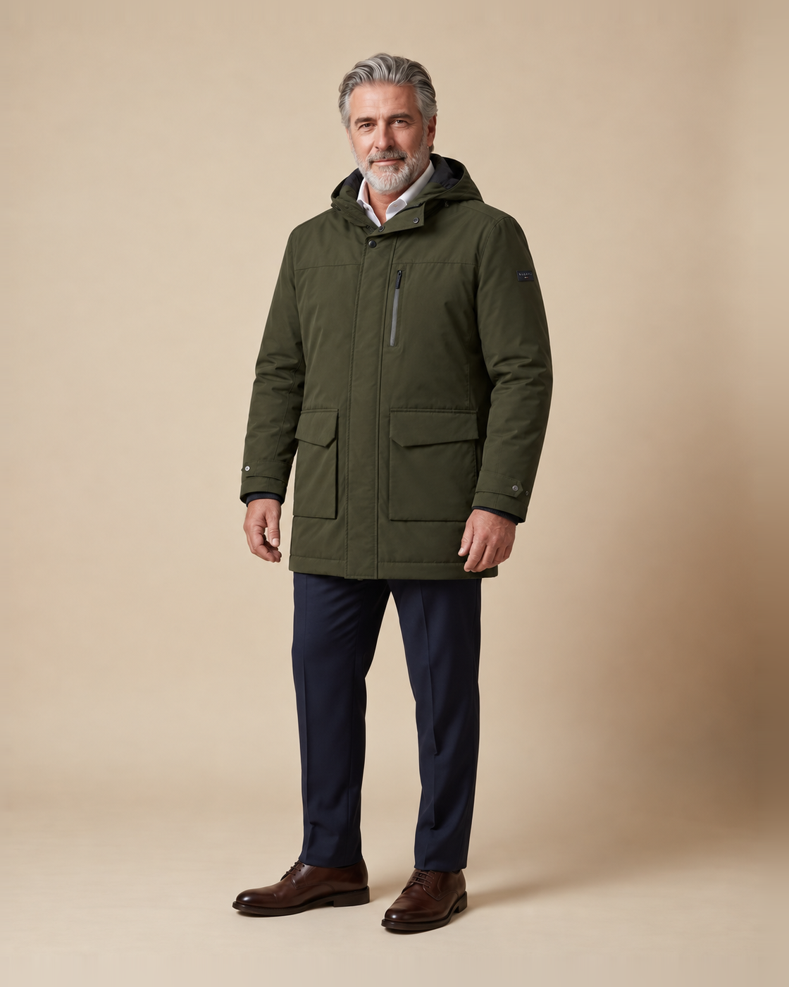 Olive green hooded parka with flap pockets — EXTRA LARGE
