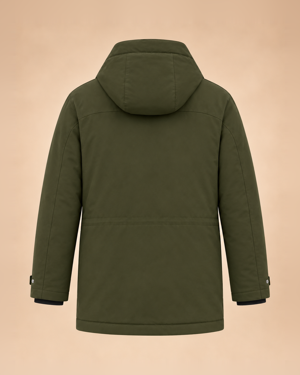 Parka verde oliva con cappuccio e tasche a pattina – retro