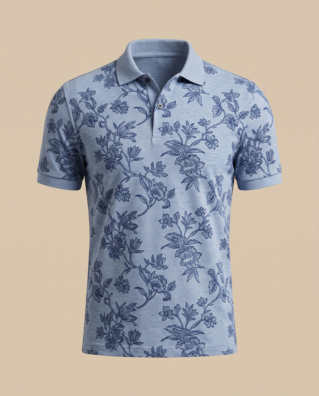 Polo azzurra con stampa floreale – fronte