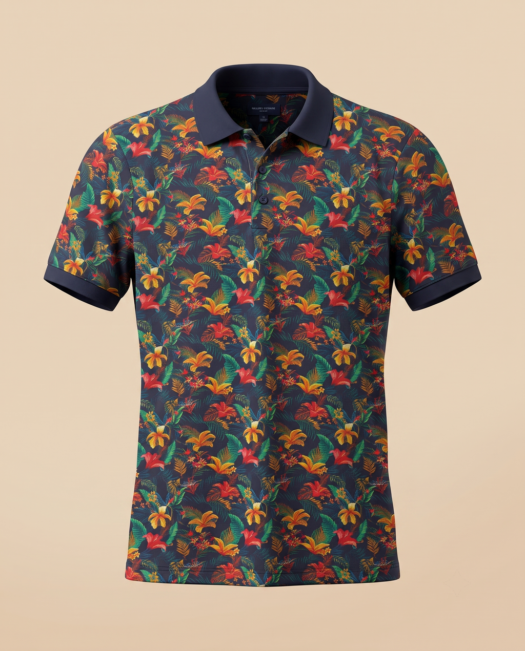 Navy polo shirt with multicolour floral print – front