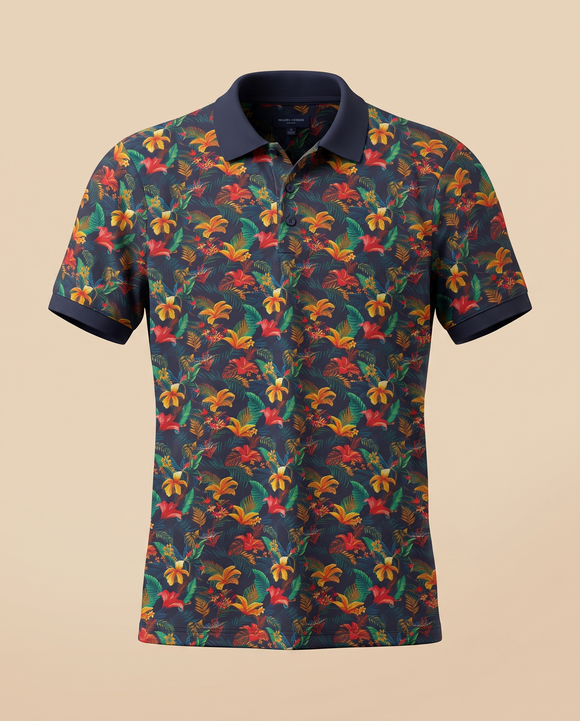 Polo blu navy con stampa floreale multicolor – fronte