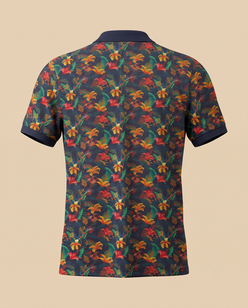Navy polo shirt with multicolour floral print – back
