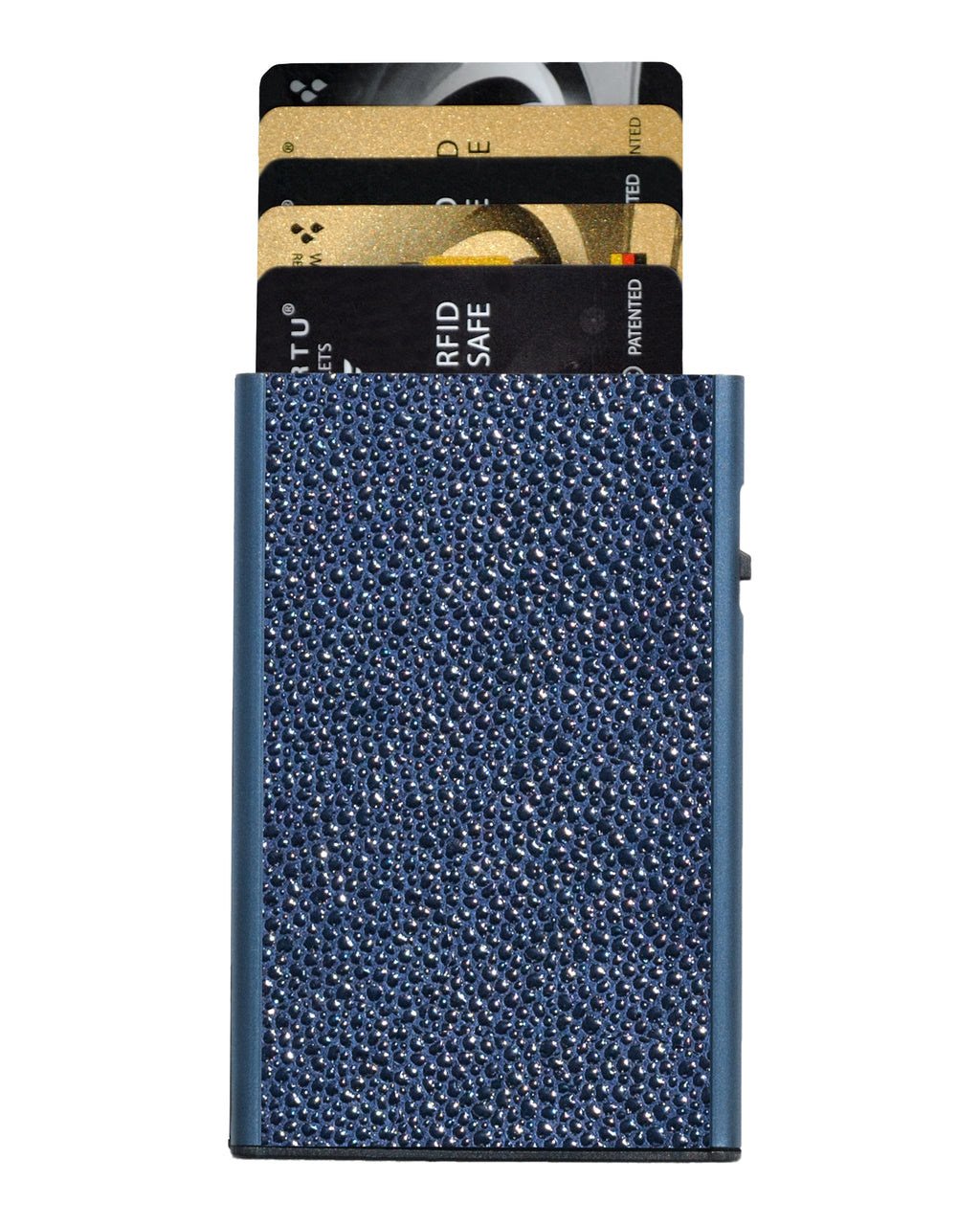 Porta carte blu stampa razza – fronte con le carte