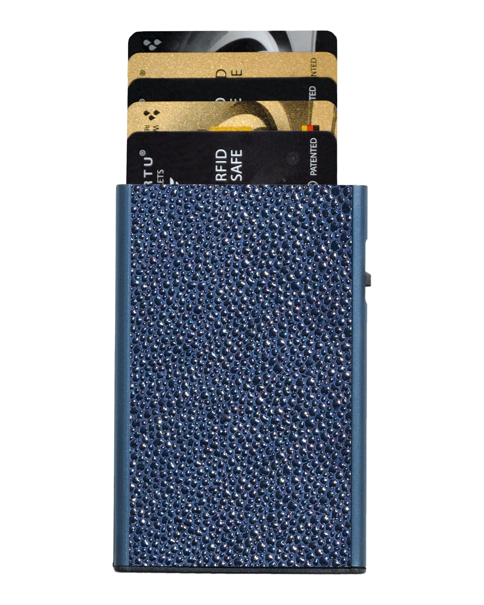 Porta carte blu stampa razza – fronte con le carte